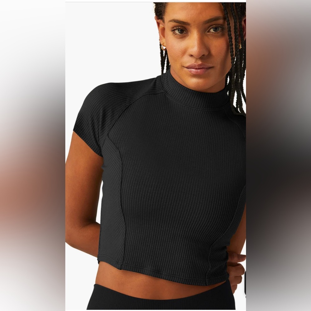 Beyond Yoga Formation Crop Tee Black Ribbed Small NWT